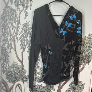 Vintage Desigual Black and Blue Butterfly Women's Top, medium